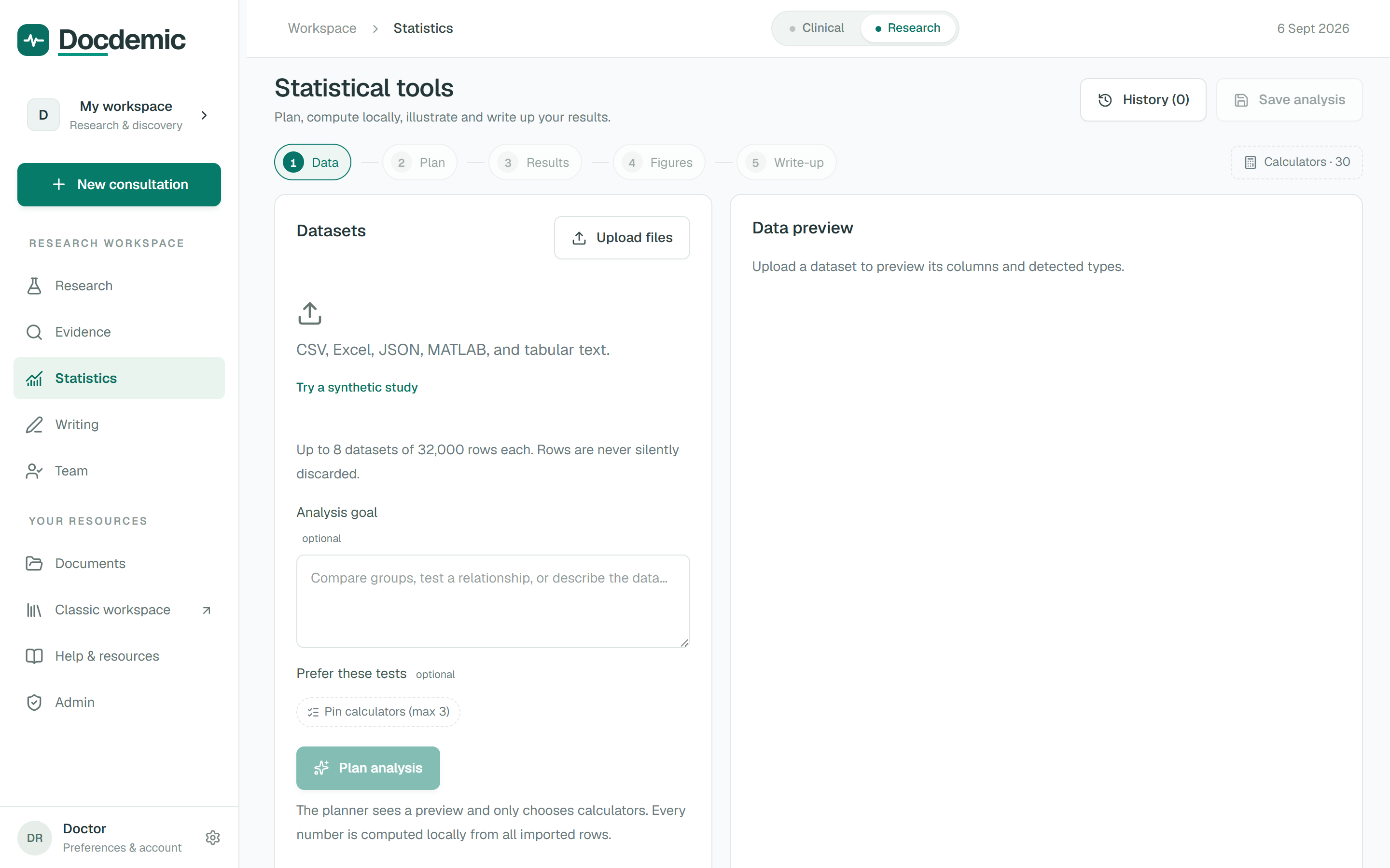 Medical statistics workspace with calculators and AI analysis in Docdemic Research