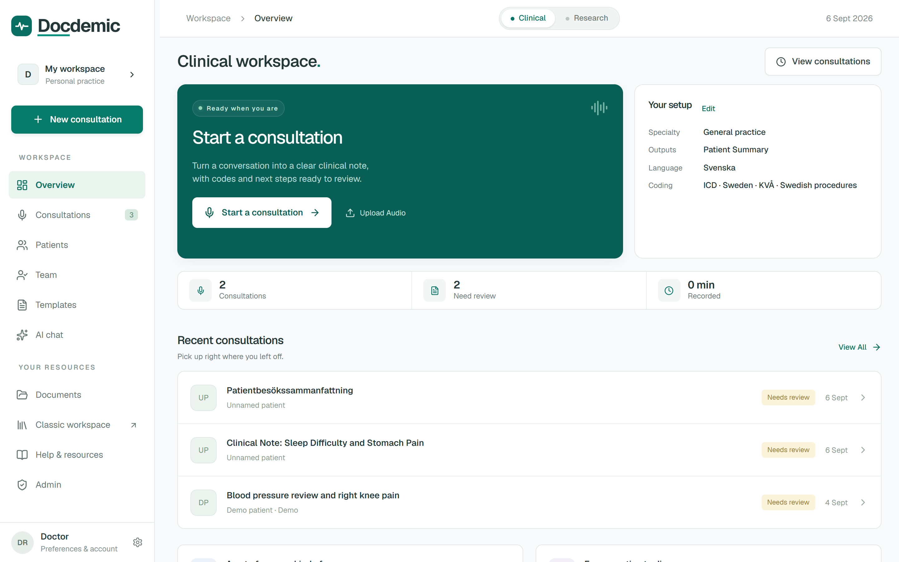 Docdemic record or upload a visit interface for starting transcription