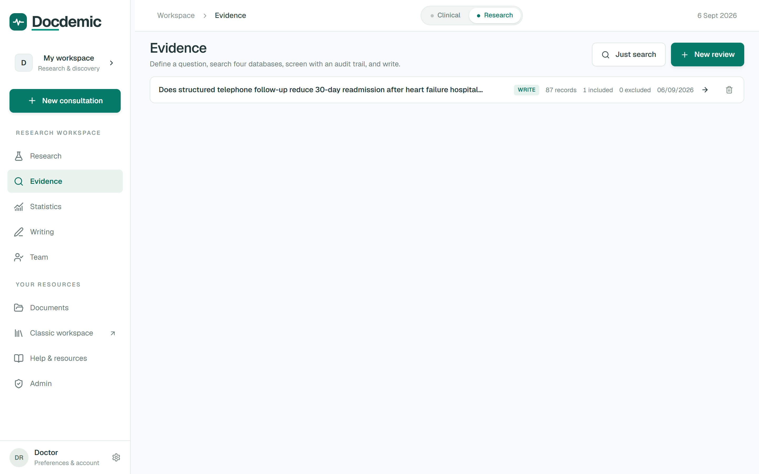 Systematic review workspace showing plan and search criteria in Docdemic Research