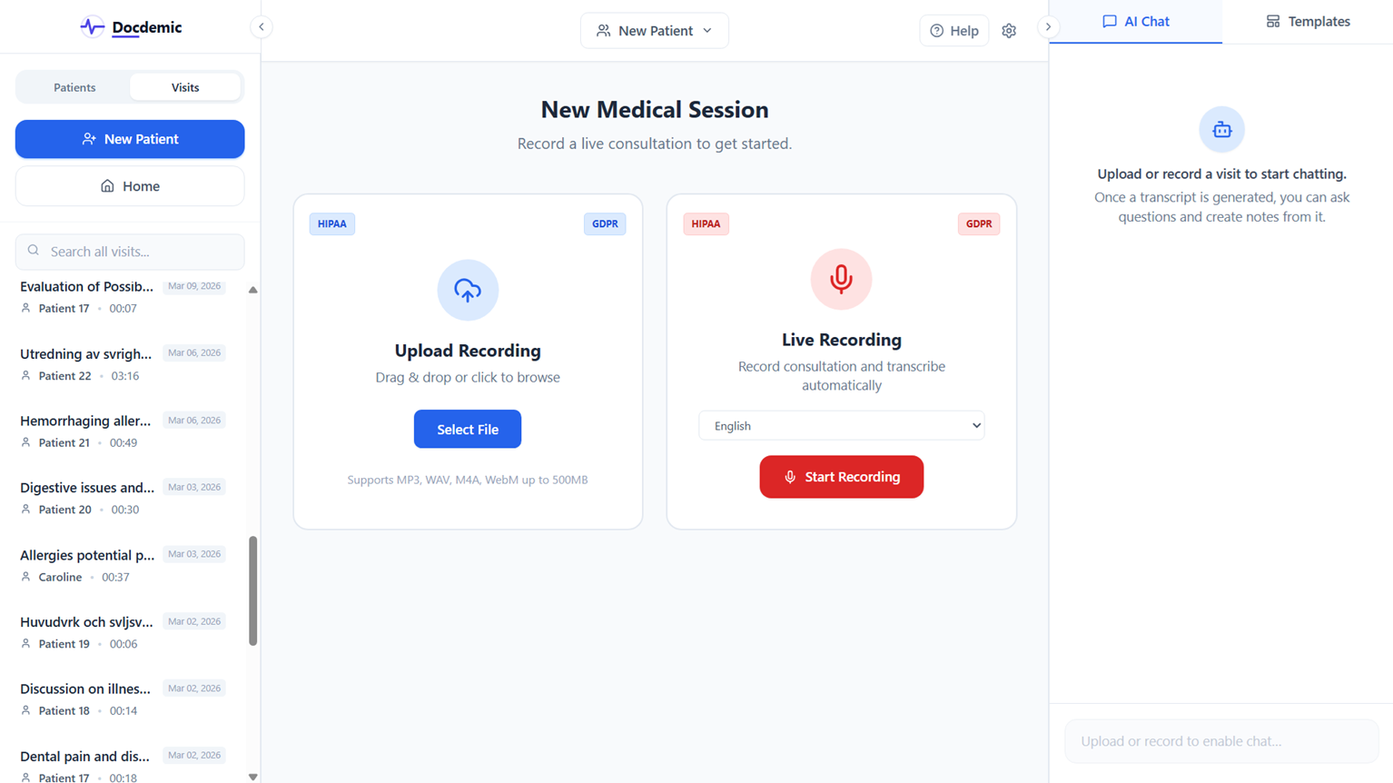 Docdemic record or upload a visit interface for starting transcription
